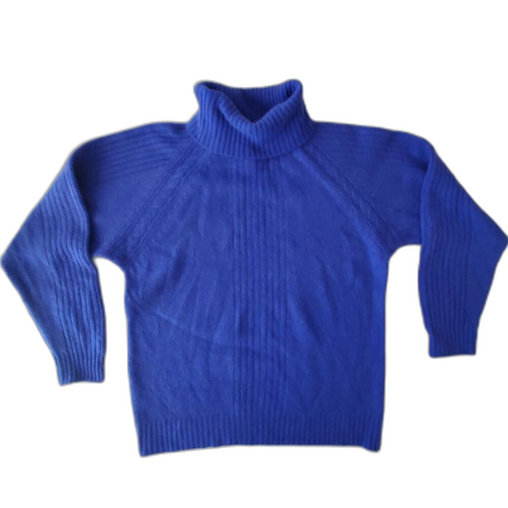 VTG 90s Oscar de la Renta Blue Fuzzy Angora Lambswool Turtleneck Sweater M